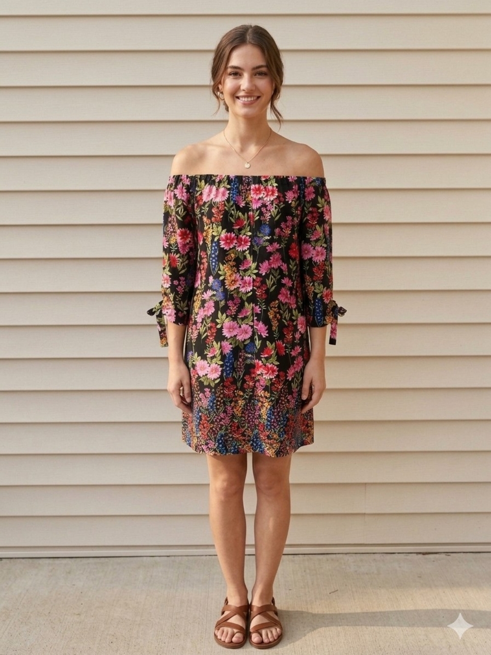 Vince Camuto Black Floral One-Shoulder Shift Dress with Pink Blooms